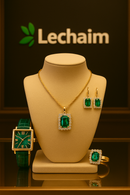 Conjunto Elegância Verde Lechaim –Relógio em Quartzo e Pulseira Em Couro, Colar, Brincos e Anel em Verde Esmeralda Criação e Zircônias Selecionadas