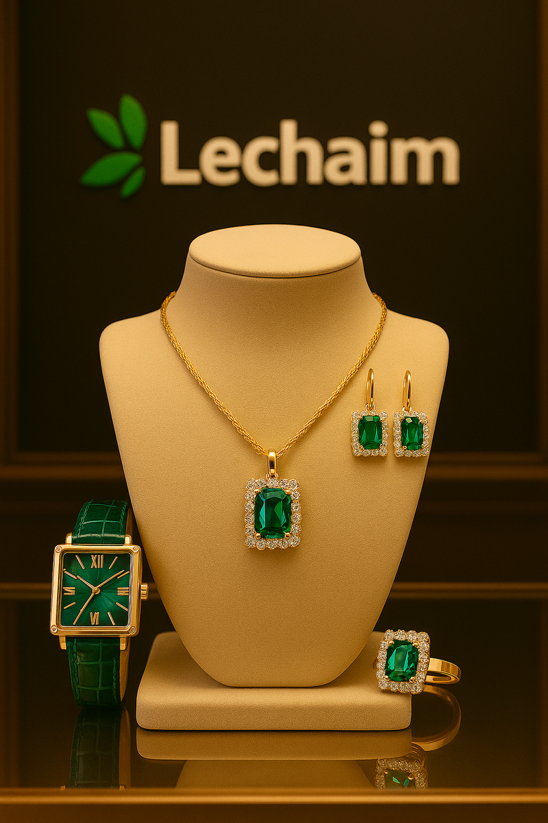 Conjunto Elegância Verde Lechaim –Relógio em Quartzo e Pulseira Em Couro, Colar, Brincos e Anel em Verde Esmeralda Criação e Zircônias Selecionadas