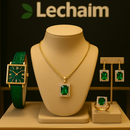 Conjunto Elegância Verde Lechaim –Relógio em Quartzo e Pulseira Em Couro, Colar, Brincos e Anel em Verde Esmeralda Criação e Zircônias Selecionadas