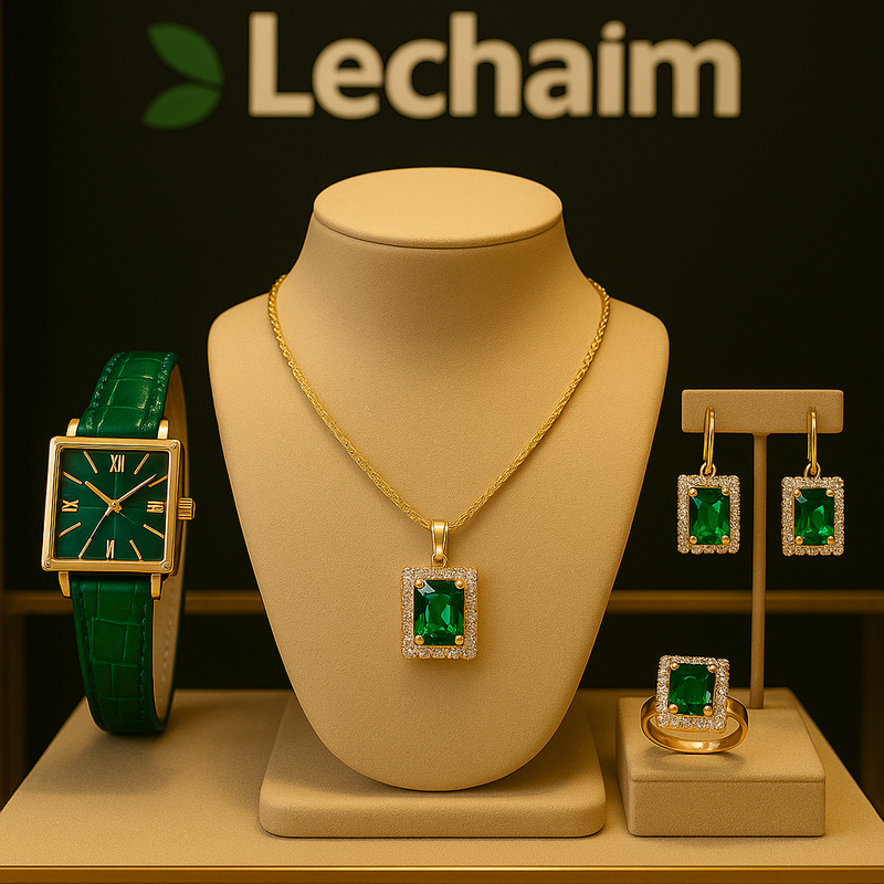 Conjunto Elegância Verde Lechaim –Relógio em Quartzo e Pulseira Em Couro, Colar, Brincos e Anel em Verde Esmeralda Criação e Zircônias Selecionadas