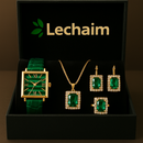 Conjunto Elegância Verde Lechaim –Relógio em Quartzo e Pulseira Em Couro, Colar, Brincos e Anel em Verde Esmeralda Criação e Zircônias Selecionadas