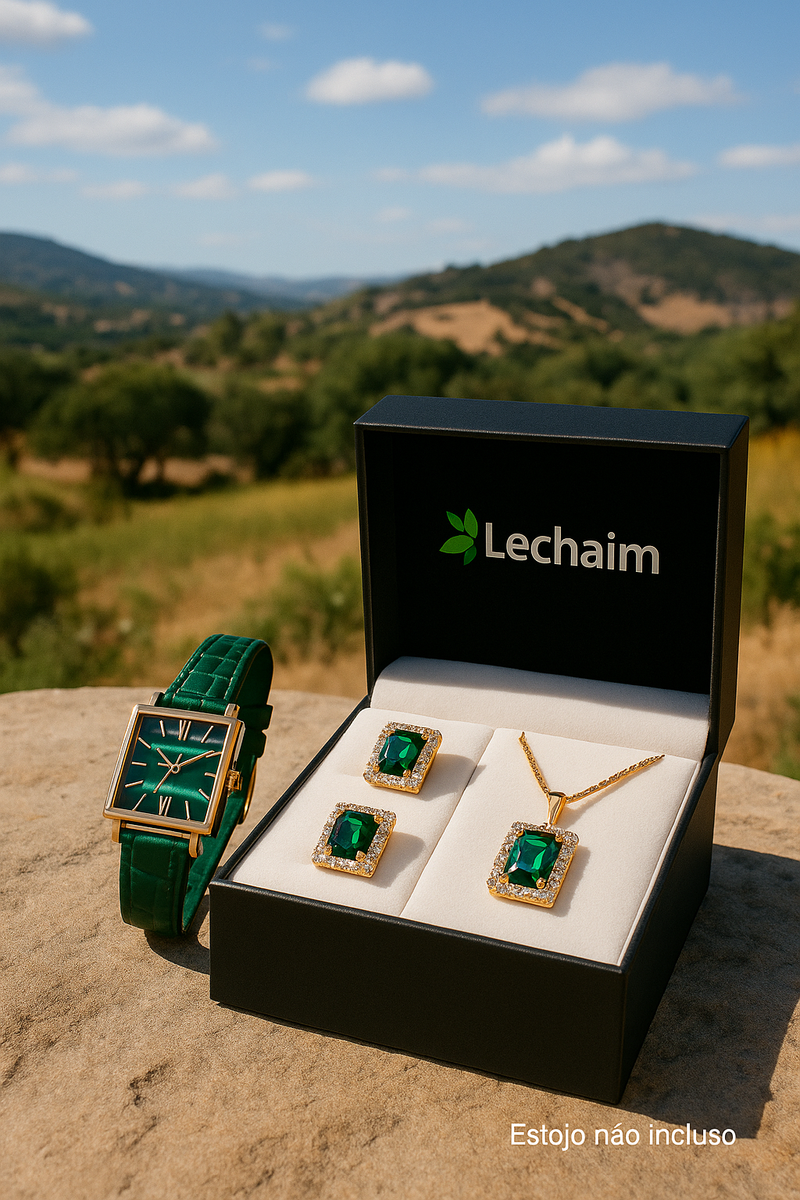 Conjunto Elegância Verde Lechaim –Relógio em Quartzo e Pulseira Em Couro, Colar, Brincos e Anel em Verde Esmeralda Criação e Zircônias Selecionadas