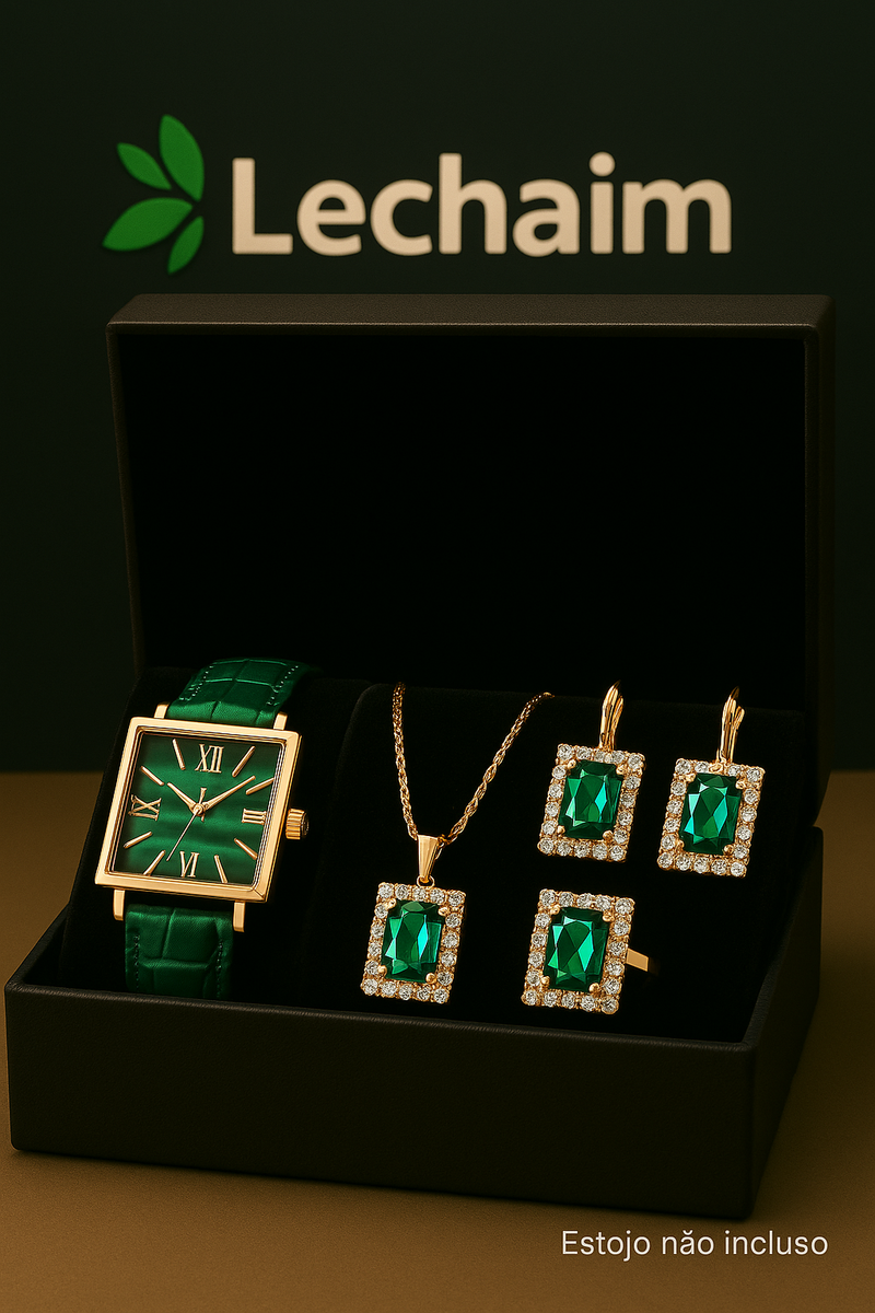 Conjunto Elegância Verde Lechaim –Relógio em Quartzo e Pulseira Em Couro, Colar, Brincos e Anel em Verde Esmeralda Criação e Zircônias Selecionadas