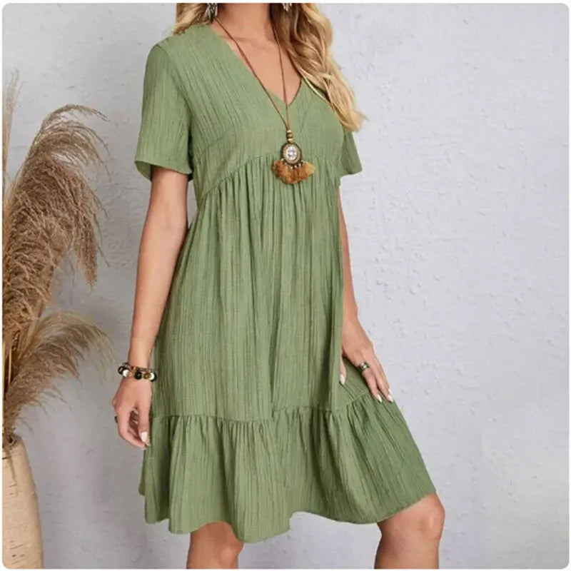 Vestido Peplum Feminino Verão & Primavera – Decote V, Manga Curta, Babados Elegantes e Cintura Solta