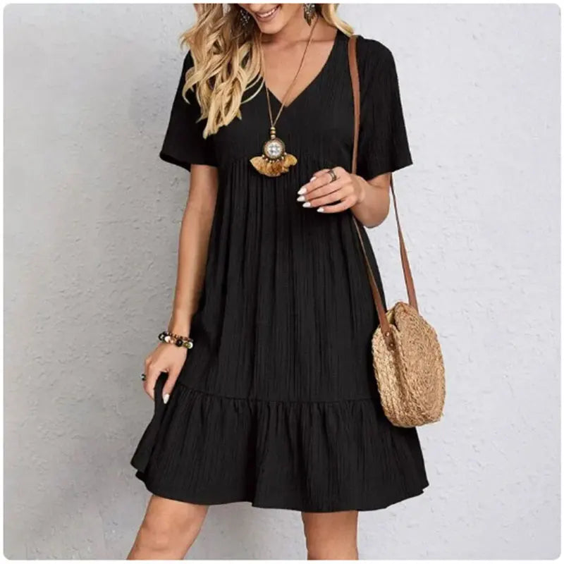 Vestido Peplum Feminino Verão & Primavera – Decote V, Manga Curta, Babados Elegantes e Cintura Solta