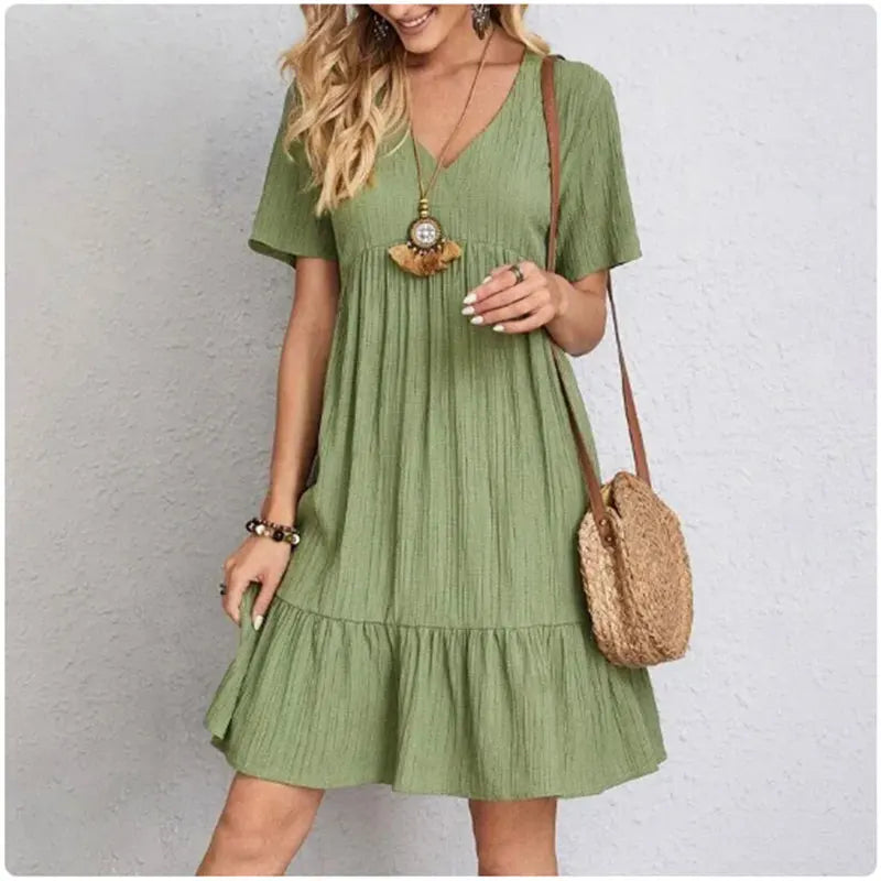 Vestido Peplum Feminino Verão & Primavera – Decote V, Manga Curta, Babados Elegantes e Cintura Solta