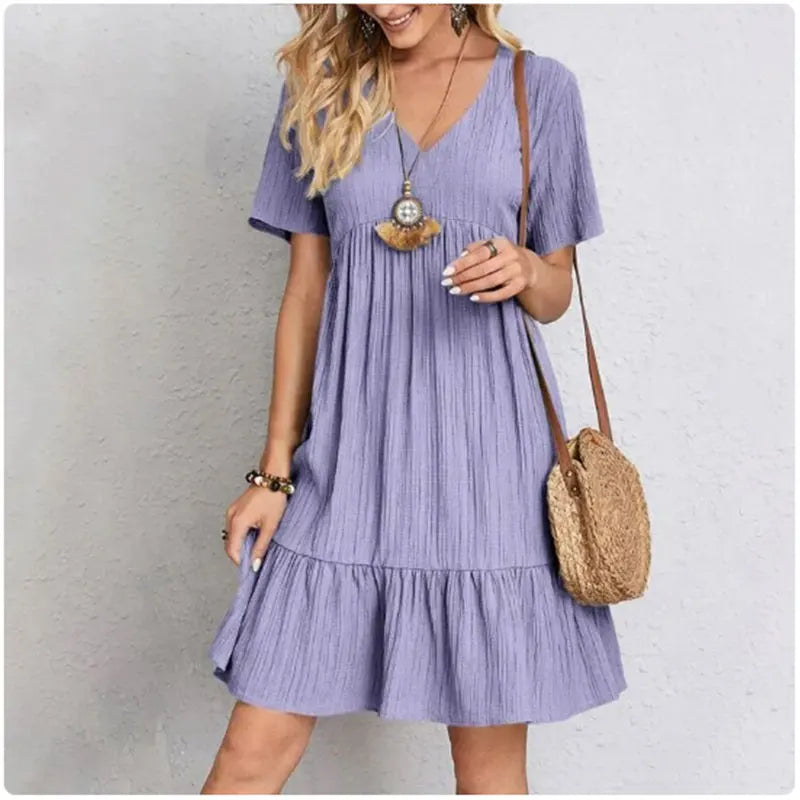 Vestido Peplum Feminino Verão & Primavera – Decote V, Manga Curta, Babados Elegantes e Cintura Solta