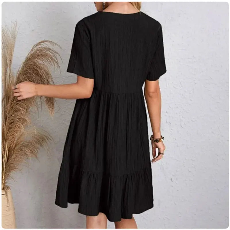 Vestido Peplum Feminino Verão & Primavera – Decote V, Manga Curta, Babados Elegantes e Cintura Solta