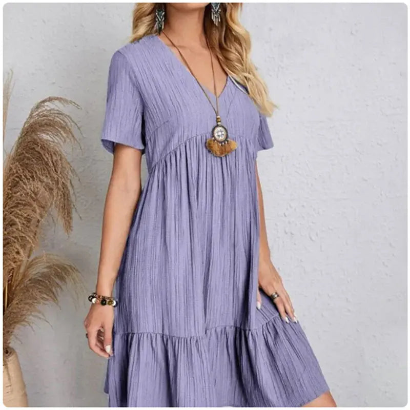 Vestido Peplum Feminino Verão & Primavera – Decote V, Manga Curta, Babados Elegantes e Cintura Solta